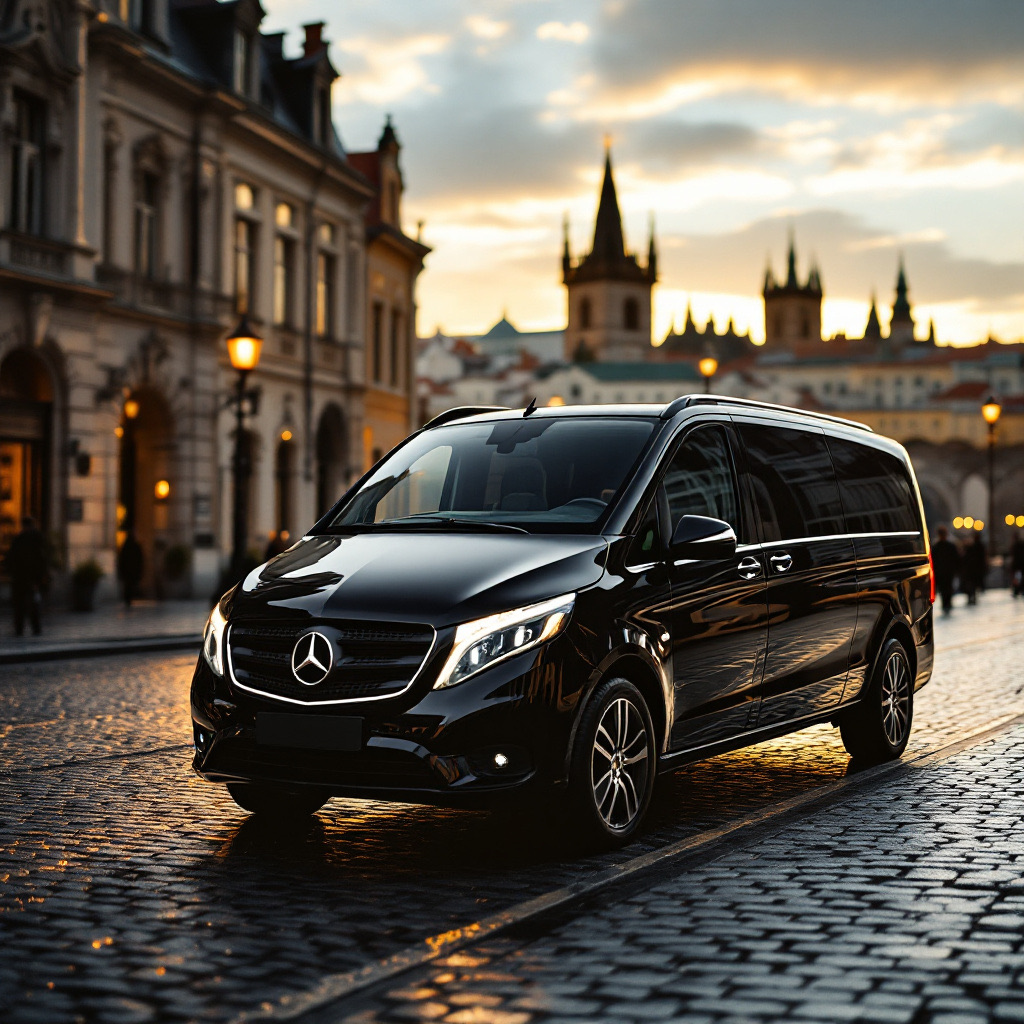 Black Mercedes V-Class chauffeur van for private airport transfers in Prague